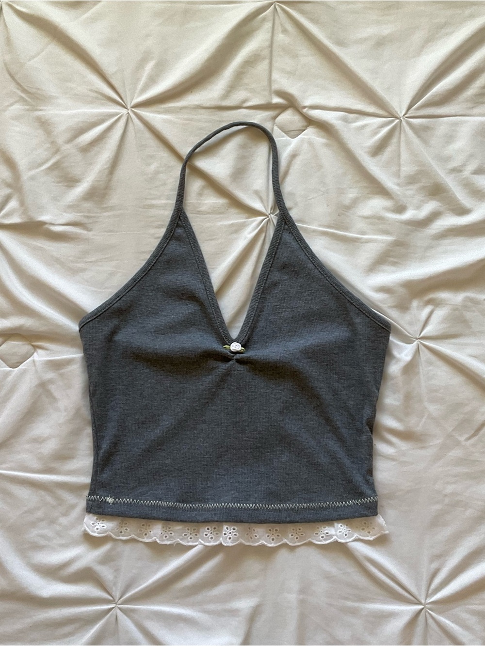 Ribbed grey halter lace trim top with a cute rosette